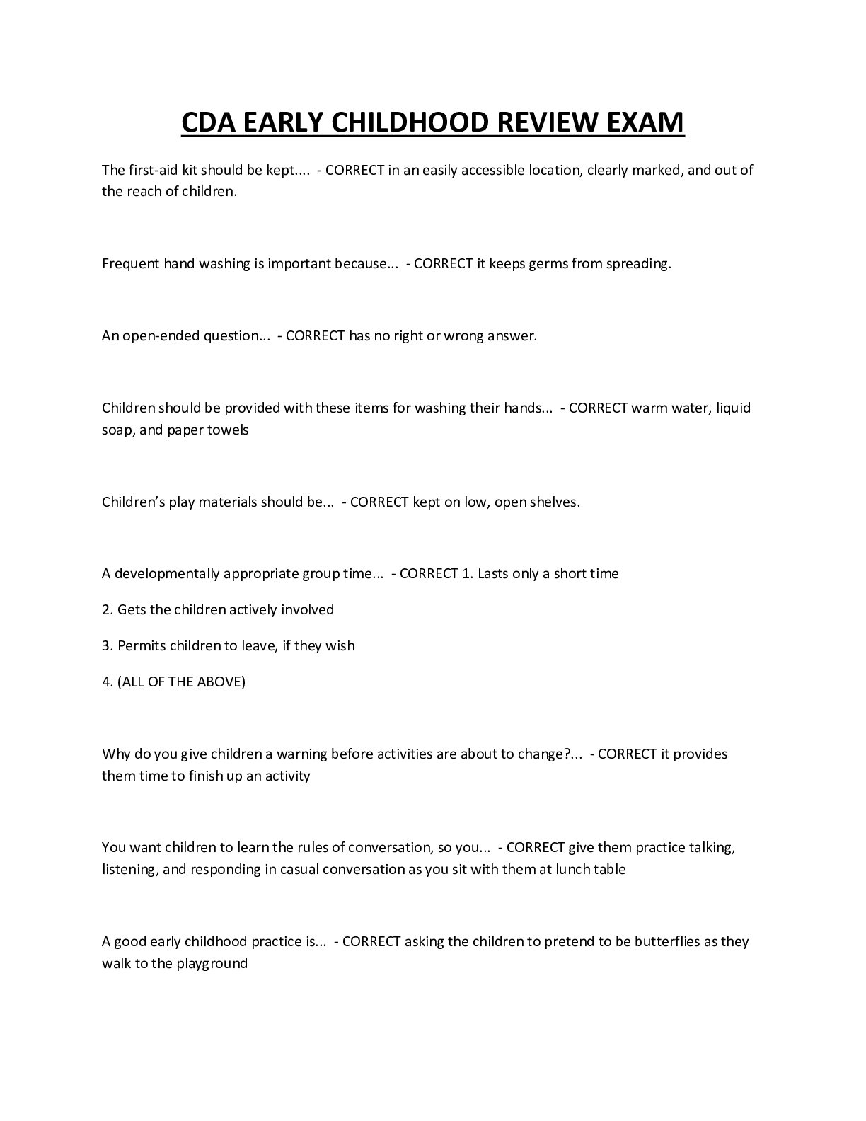 CDA EARLY CHILDHOOD REVIEW EXAM QUESTIONS AND ANSWERS 2022 - Browsegrades